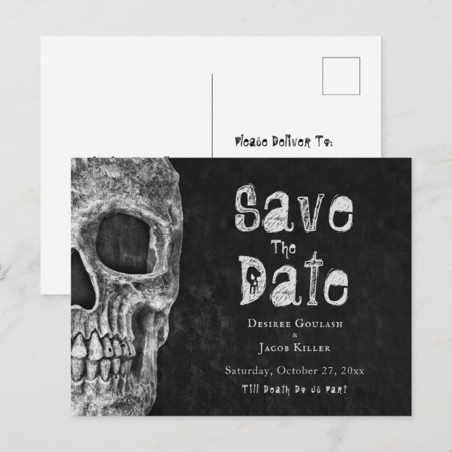 Gothic Skull Halloween Save the Date Ankündigungspostkarte (Vorne/Hinten)