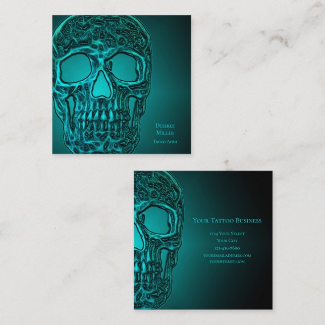 Gothic Skull Head Aquamarin Green Metallic Tattoo  Quadratische Visitenkarte (Vorne/Hinten)