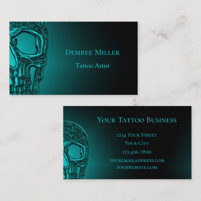 Gothic Skull Head Aquamarin Green Tattoo Shop Visitenkarte (Vorne/Hinten)