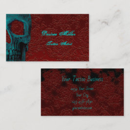 Gothic Skull Head Aquamarin Red Floral Tattoo Arti Visitenkarte
