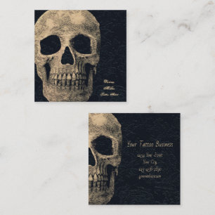 Gothic Skull Head Beige Black Floral Tattoo Artist Quadratische Visitenkarte