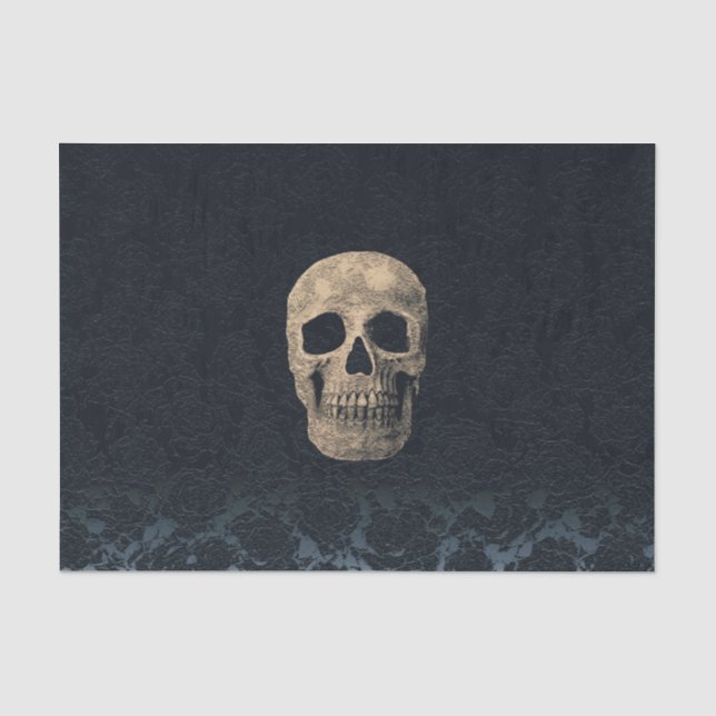 Gothic Skull Head Beige Black Navy Blue Floral Seidenpapier (Vorderseite)