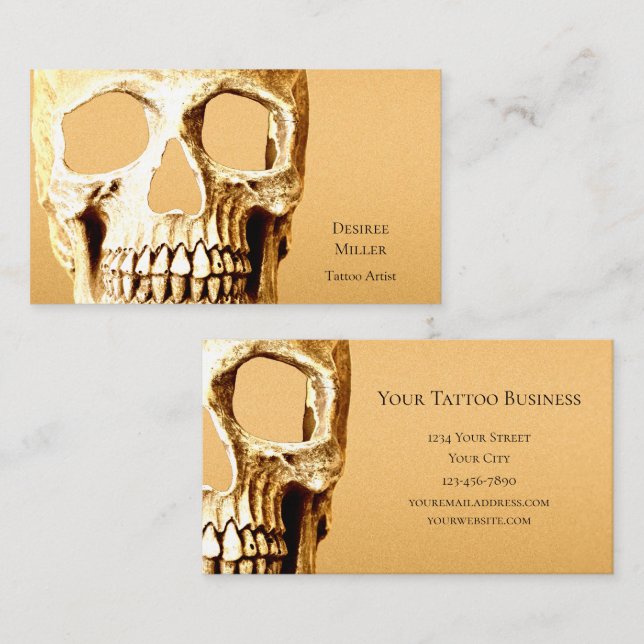 Gothic Skull Head Gold White Tattoo Shop Visitenkarte (Vorne/Hinten)
