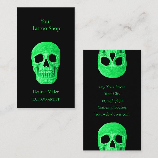 Gothic Skull Head Green Neon Black Tattoo Shop Visitenkarte (Vorne/Hinten)