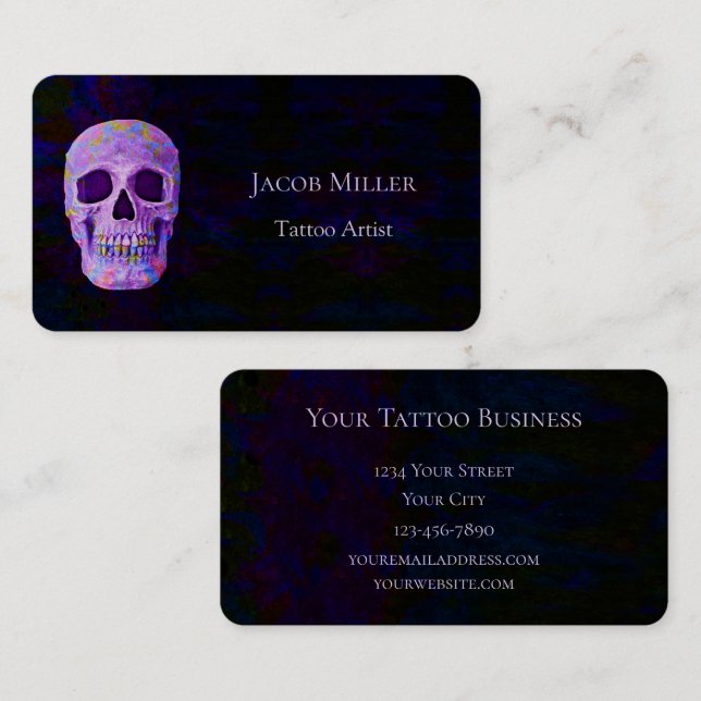Gothic Skull Head Lila Blue Grunge Tattoo Artist Visitenkarte (Vorne/Hinten)