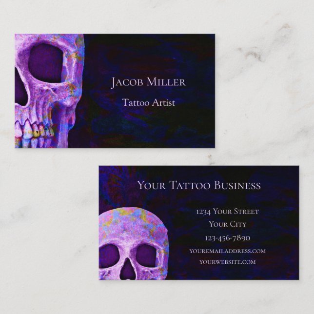 Gothic Skull Head Lila Blue Tattoo Shop Visitenkarte (Vorne/Hinten)