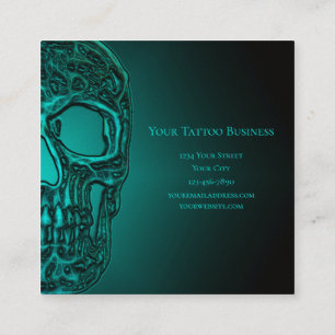 Gothic Skull Head Metallic Aquamarin Green Tattoo  Quadratische Visitenkarte