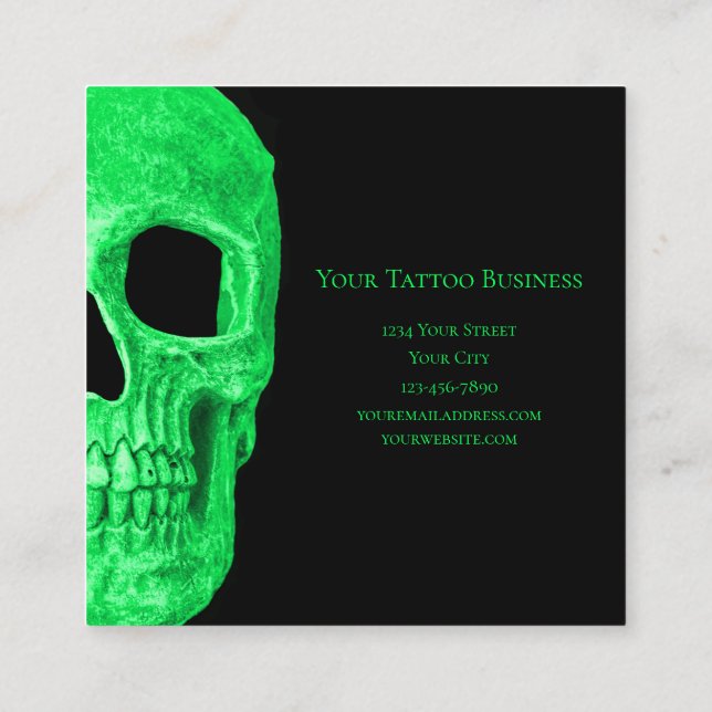 Gothic Skull Head Neon Green Black Tattoo Shop Quadratische Visitenkarte (Rückseite)