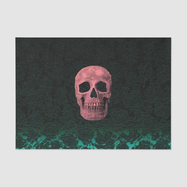Gothic Skull Head Rosa Dunkelgrüne Blüte Seidenpapier (Vorderseite)