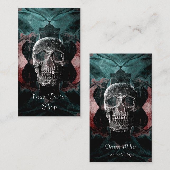Gothic Skull Head Schwarz Aquamarin Red Floral Tat Visitenkarte (Vorne/Hinten)