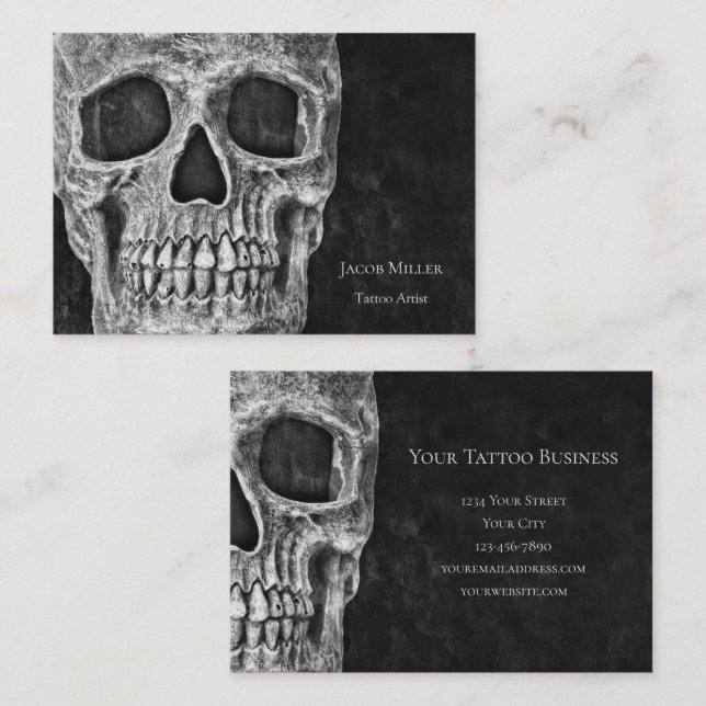 Gothic Skull Head Schwarz-Weiß Tattoo Shop Visitenkarte (Vorne/Hinten)