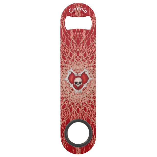 Gothic Skull Knochen Rotes Herz Spooky Spirallinie Speed Flaschenöffner (Vorderseite)