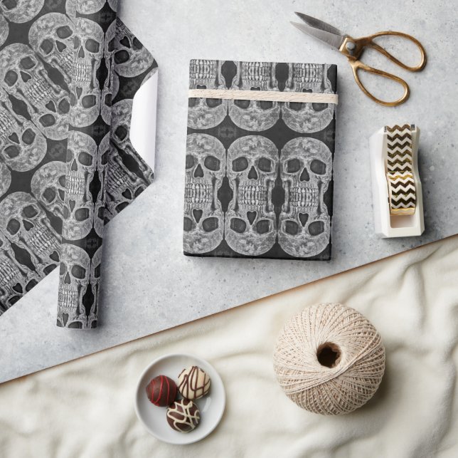 Gothic Skull Kopf Schwarz-Weiß Abstraktes Muster Geschenkpapier (Kunsthandwerk)