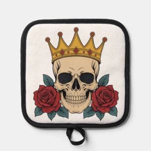 Gothic Skull-Krone mit roten Rosen – Dunkler Biker Topflappen