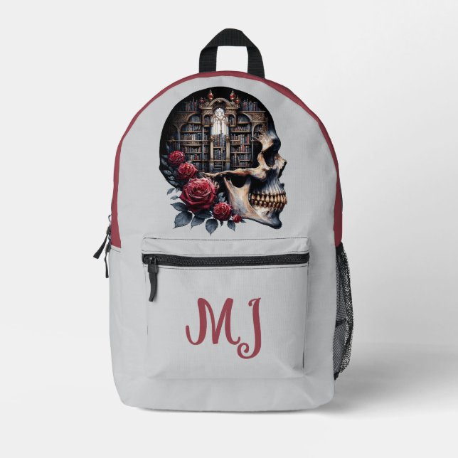 Gothic Skull Library bucht Rote Rosen Personalisie Bedruckter Rucksack (Vorderseite)