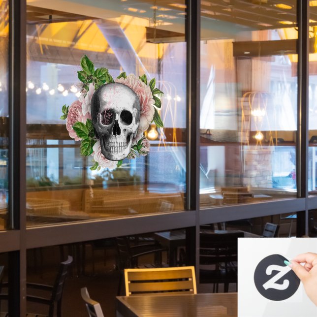 Gothic Skull mit rosa Rosen Fensterklammer Fensteraufkleber (Restaurantfenster)