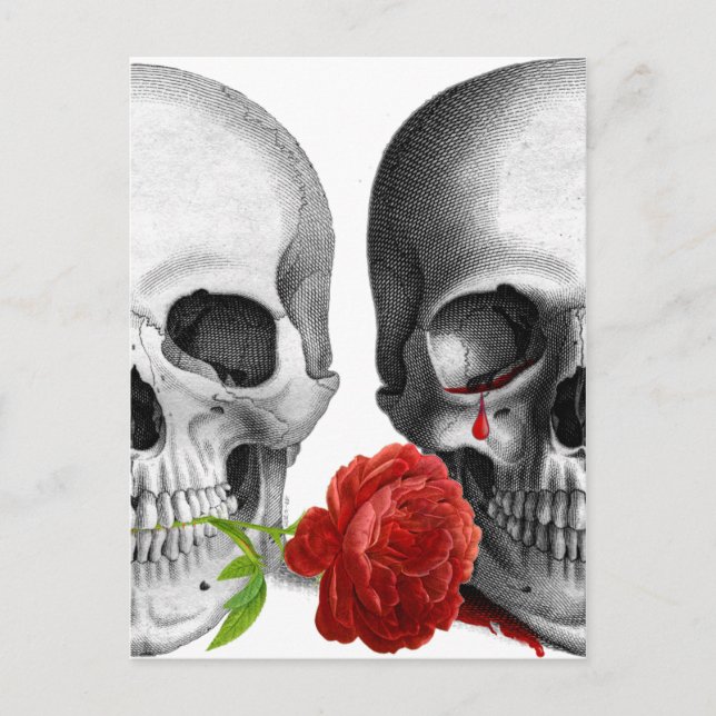 Gothic Skull Pair Dark Romance Rose Blutzange Ankündigungspostkarte (Vorderseite)