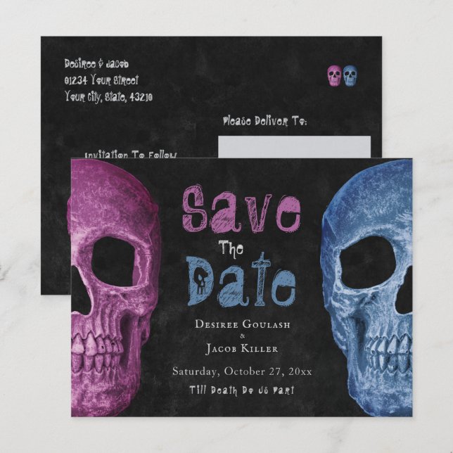 Gothic Skull Pink Blau Save the Date Ankündigungspostkarte (Vorne/Hinten)