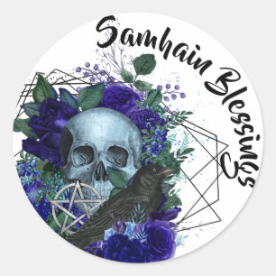 Gothic Skull & Raven Lila Samhain Segnungen Runder Aufkleber
