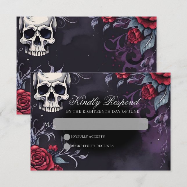 Gothic Skull & Rose Elegante Dunkle Hochzeit RSVP Karte (Vorne/Hinten)