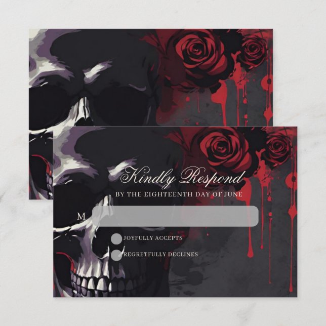 Gothic Skull & Rose Elegante Dunkle Hochzeit RSVP Karte (Vorne/Hinten)