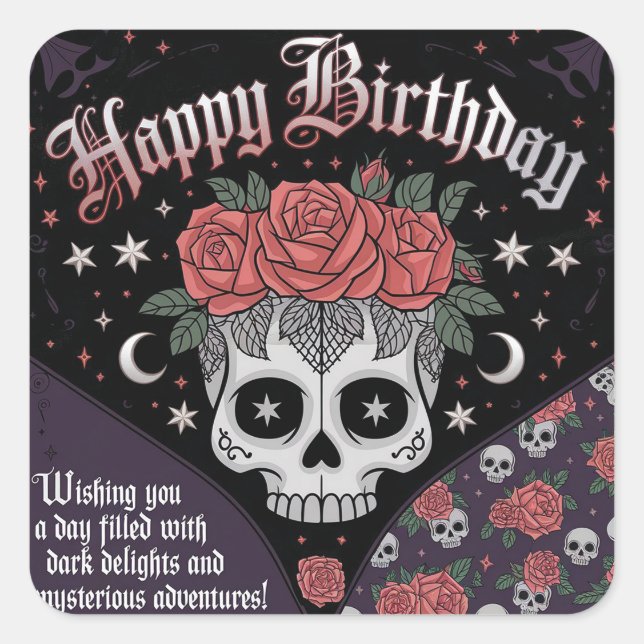 Gothic Skull & Rose Geburtskarte Quadratischer Aufkleber (Vorderseite)