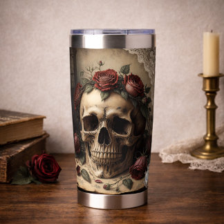 Gothic Skull Roses Monogram Dark Academia Design Thermobecher