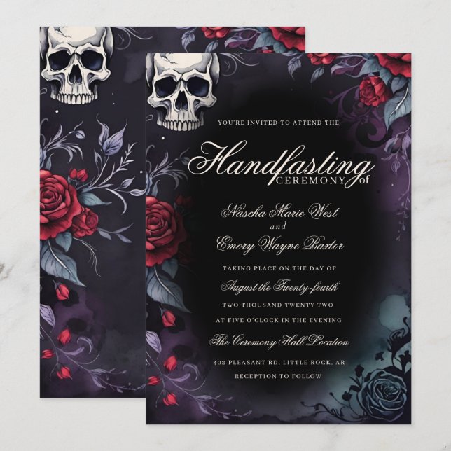 Gothic Skull & Roses Purple Black Handfasting Einladung (Vorne/Hinten)