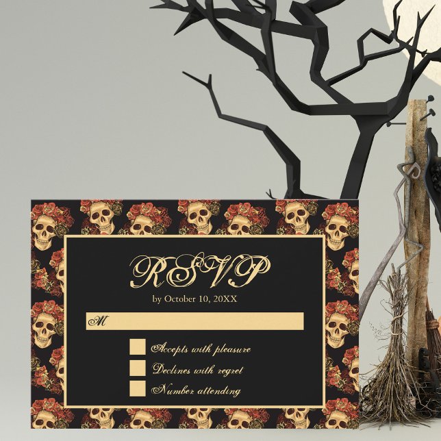 Gothic Skull Rote Rose Black Halloween Hochzeit RSVP Karte (Von Creator hochgeladen)