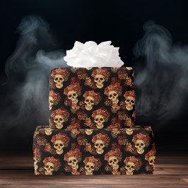 Gothic Skull Rote Rose Black Halloween Muster Geschenkpapier