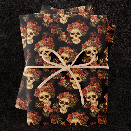 Gothic Skull Rote Rose Black Halloween Muster Geschenkpapier Set