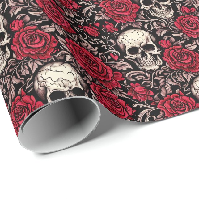 Gothic Skull & Rote Rosen Toile Muster Geschenkpapier (Rolleneckpunkt)