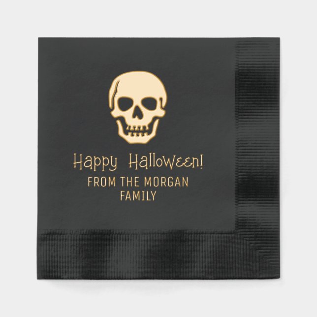 Gothic Skull Silhouette Happy Halloween Name Servietten Mit Folie (Vorderseite)