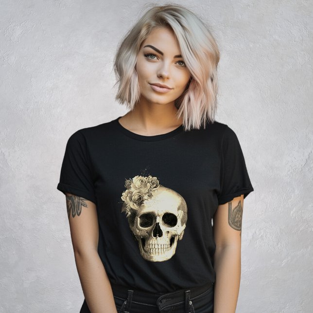 Gothic Skull White Roses Black T-Shirt (Von Creator hochgeladen)