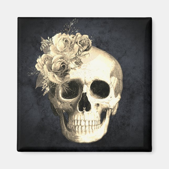 Gothic Skull White Roses Halloween Magnet (Vorne)
