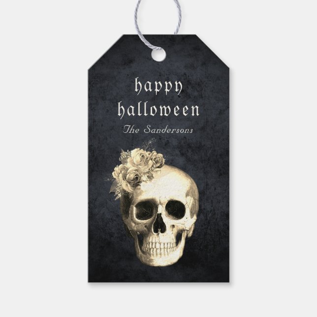 Gothic Skull White Roses Halloween Personalisiert Geschenkanhänger (Vorderseite)