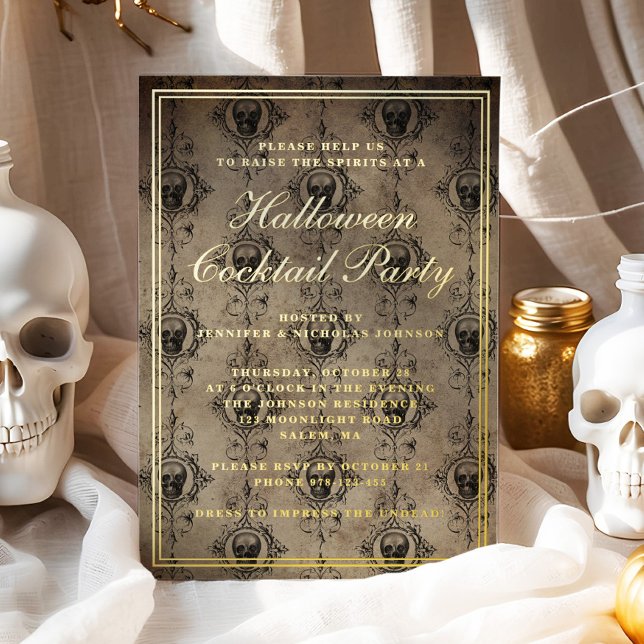 Gothic Skulls Halloween Cocktail Party Gold Folieneinladung (Gothic Skulls Halloween Cocktail Party Gold Foil Invitation)