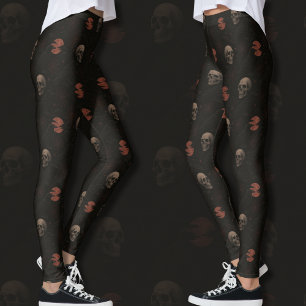 Gothic Skulls & Ravens Black Halloween Muster Leggings