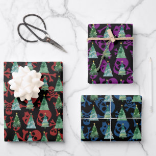 Gothic Skulls Red Lila Blue Christmas Trees Geschenkpapier Set