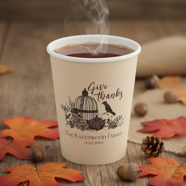 Gothic Skulls & Rose Danke an die Freundschaft Pappbecher (Fall Party Ivory Give Thanks Gothic Thanksgiving Paper Cups. Vintage Skull, Birdcage, Pumpkin & Rose)