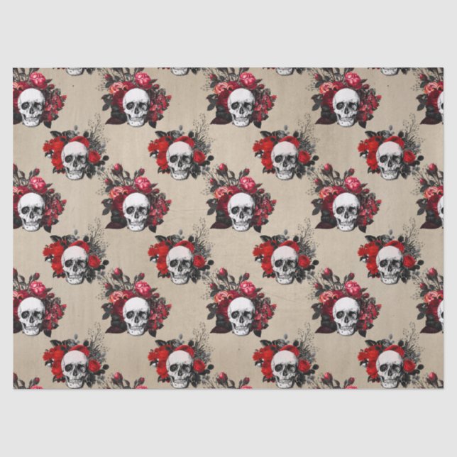 Gothic Skulls rote Rosen gekachelt Muster Seidenpapier (Vorderseite)