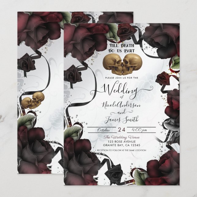 Gothic Skulls Rote Rosen Weißes Halloween Hochzeit Einladung (Vorne/Hinten)