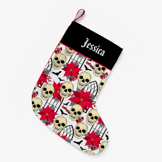 Gothic Skulls und Blume Gemustert Kleiner Weihnachtsstrumpf (Vorderansicht (hängend))