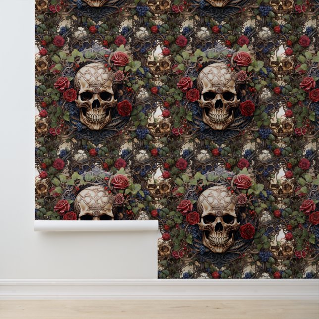 Gothic Skulls und Rote Rosen Blumenkeltische Knüpf Tapete (Anwendung)