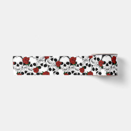 Gothic Skulls und Rote Rosen Gemustert Satinband