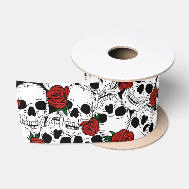 Gothic Skulls und Rote Rosen Gemustert Satinband (Spule)
