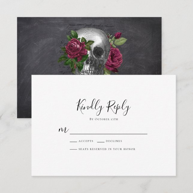 Gothic Slate Skull Rose | Hochzeit RSVP Karte (Vorne/Hinten)