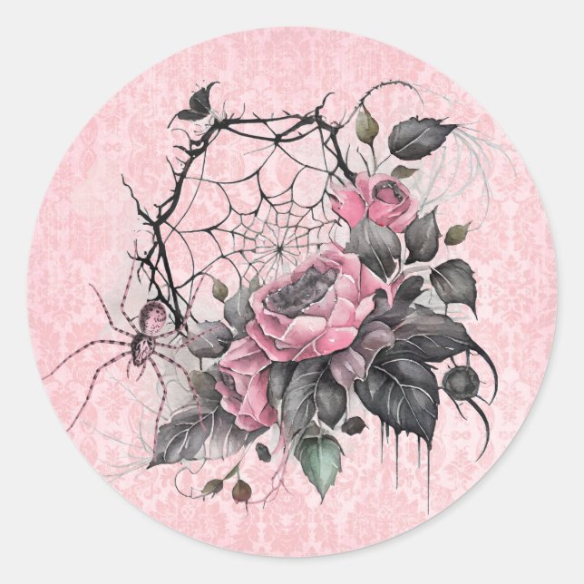 Gothic Spider Web mit Rose | Rosa Halloween Runder Aufkleber (Vorderseite)