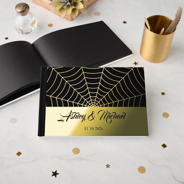 Gothic Spinnweb Custom Wedding Black Gold Folie Gästebuch (Vorderseite Offen)