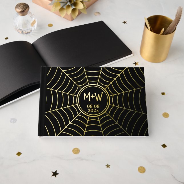Gothic Spinnweb Monogram Wedding Black Gold Folie Gästebuch (Vorderseite Offen)